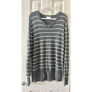 EVER - Men’s grey and light blue strip cashmere/ whoop v-neck sweater - XL